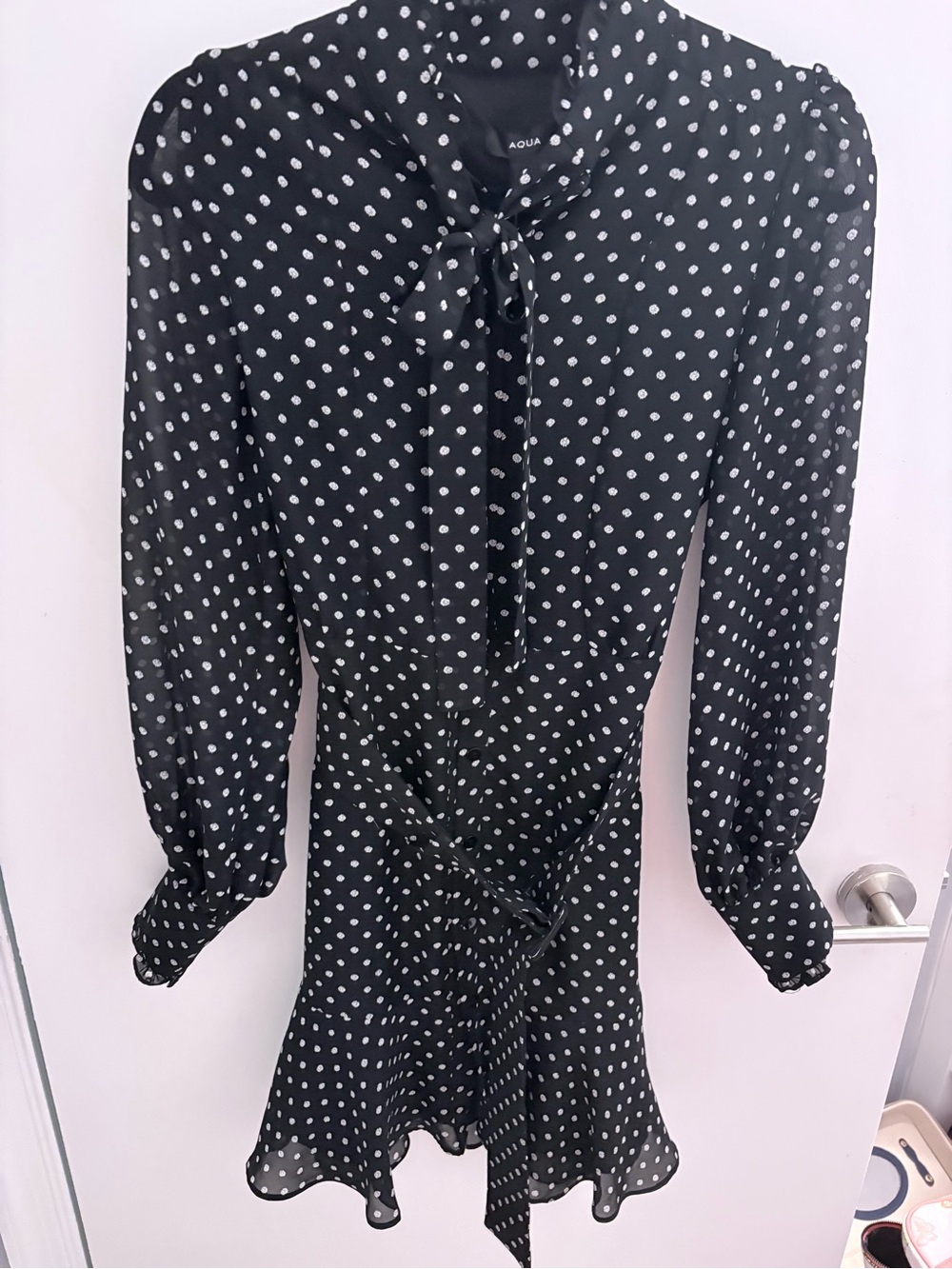 Aqua Black and White Long-Sleeve Tie-Neck Belted Dress